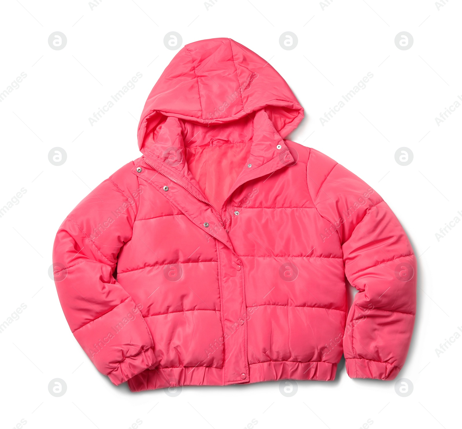 Photo of Pink warm women's jacket isolated on white, top view