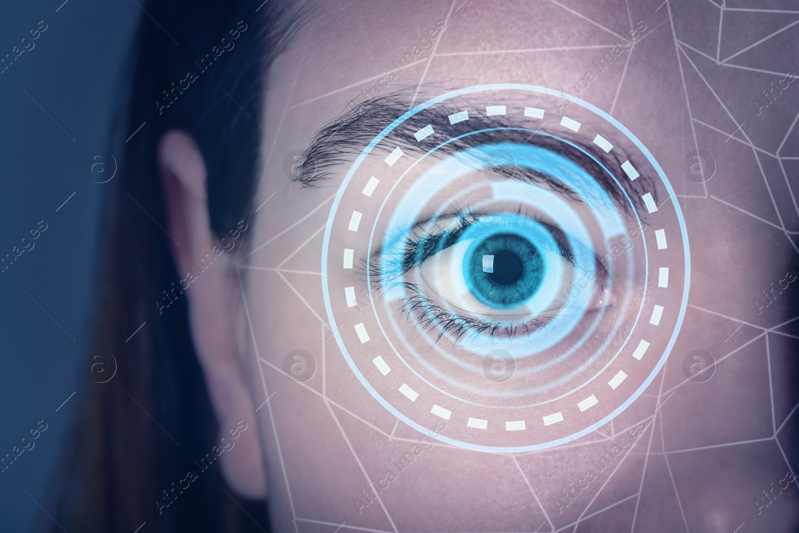 Image of Facial and iris recognition. Woman with digital biometric grid and scan, closeup