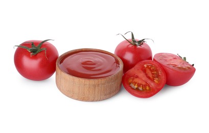 Photo of Bowl with tasty ketchup and fresh tomatoes isolated on white