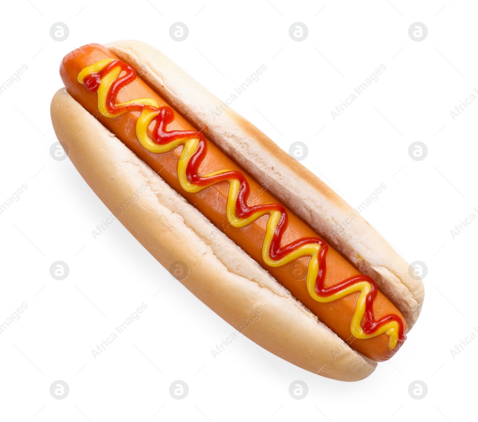 Photo of Delicious hot dog with sauces isolated on white, above view