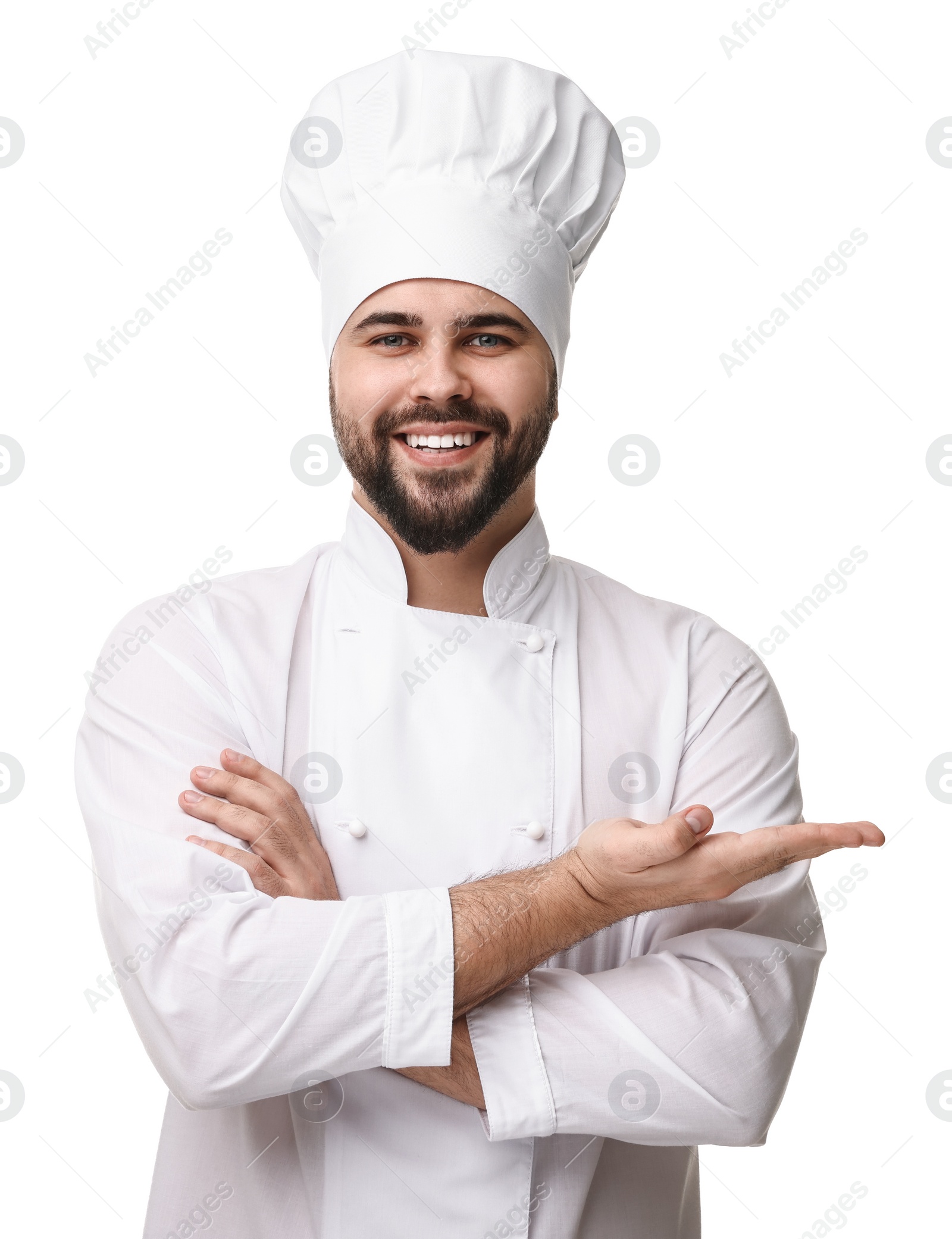 Photo of Happy young chef in uniform on white background