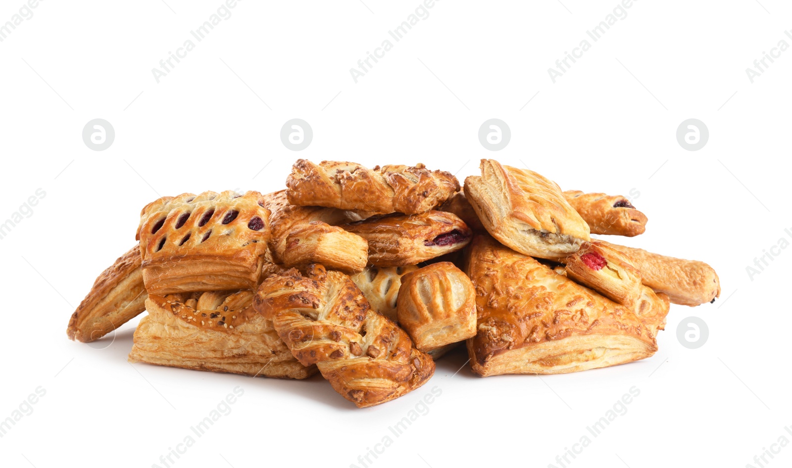 Photo of Heap of fresh tasty puff pastries on white background