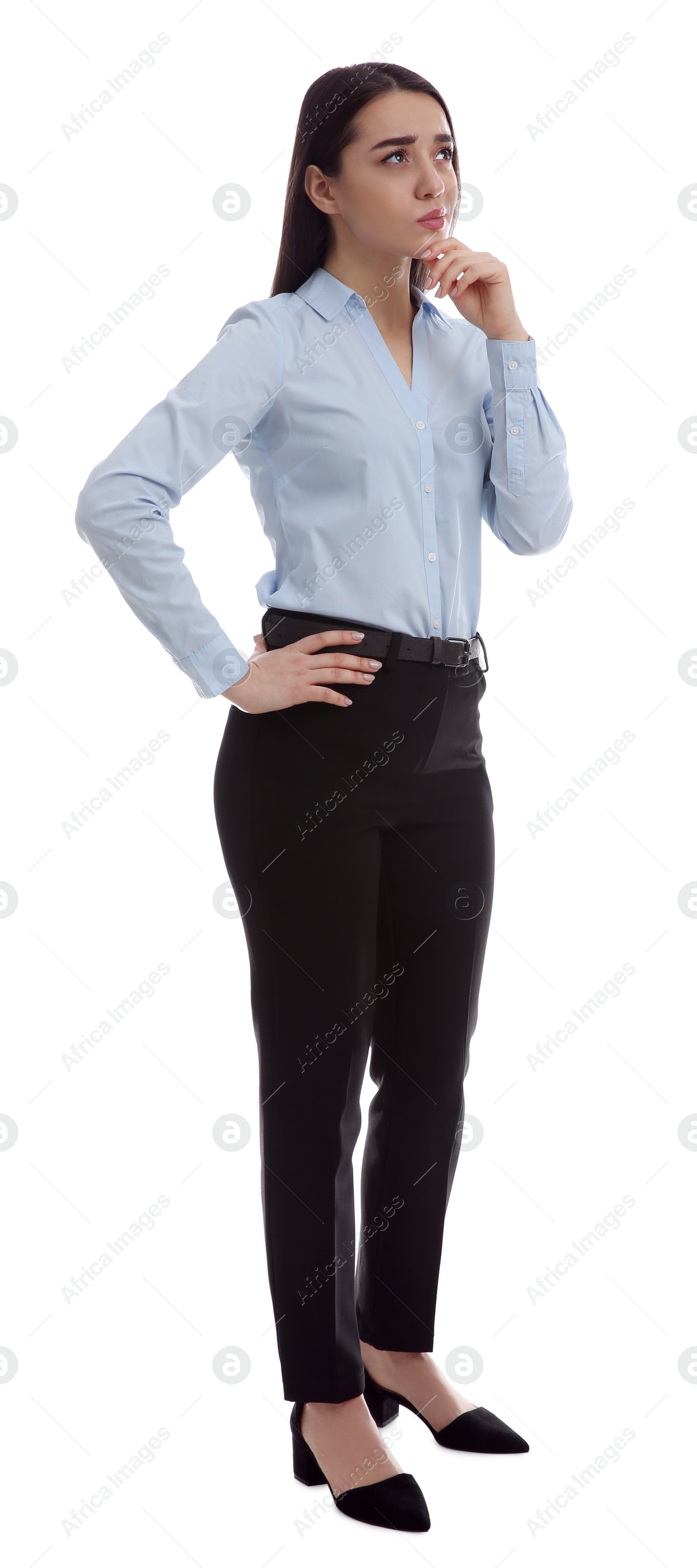 Photo of Young thoughtful businesswoman in elegant suit on white background