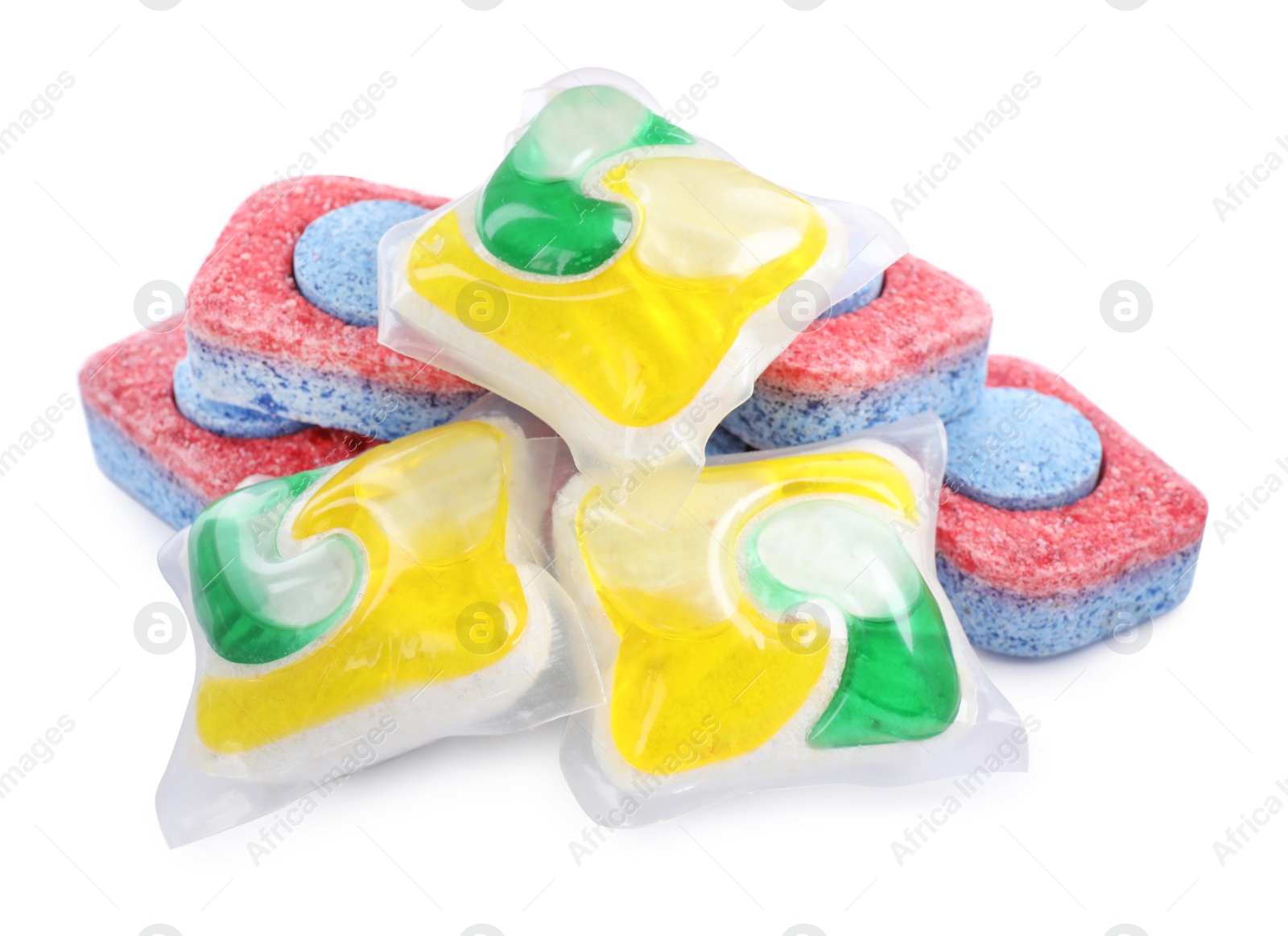 Photo of Dishwasher detergent pods and tablets on white background