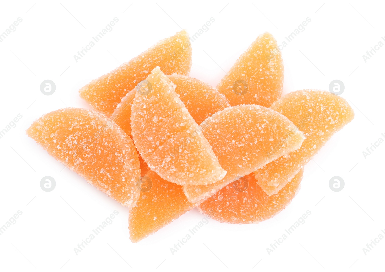 Photo of Sweet orange jelly candies on white background, top view