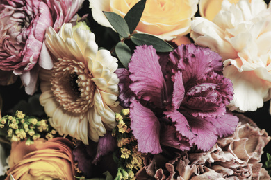 Photo of Beautiful bouquet of different flowers, closeup. Floral card design with dark vintage effect