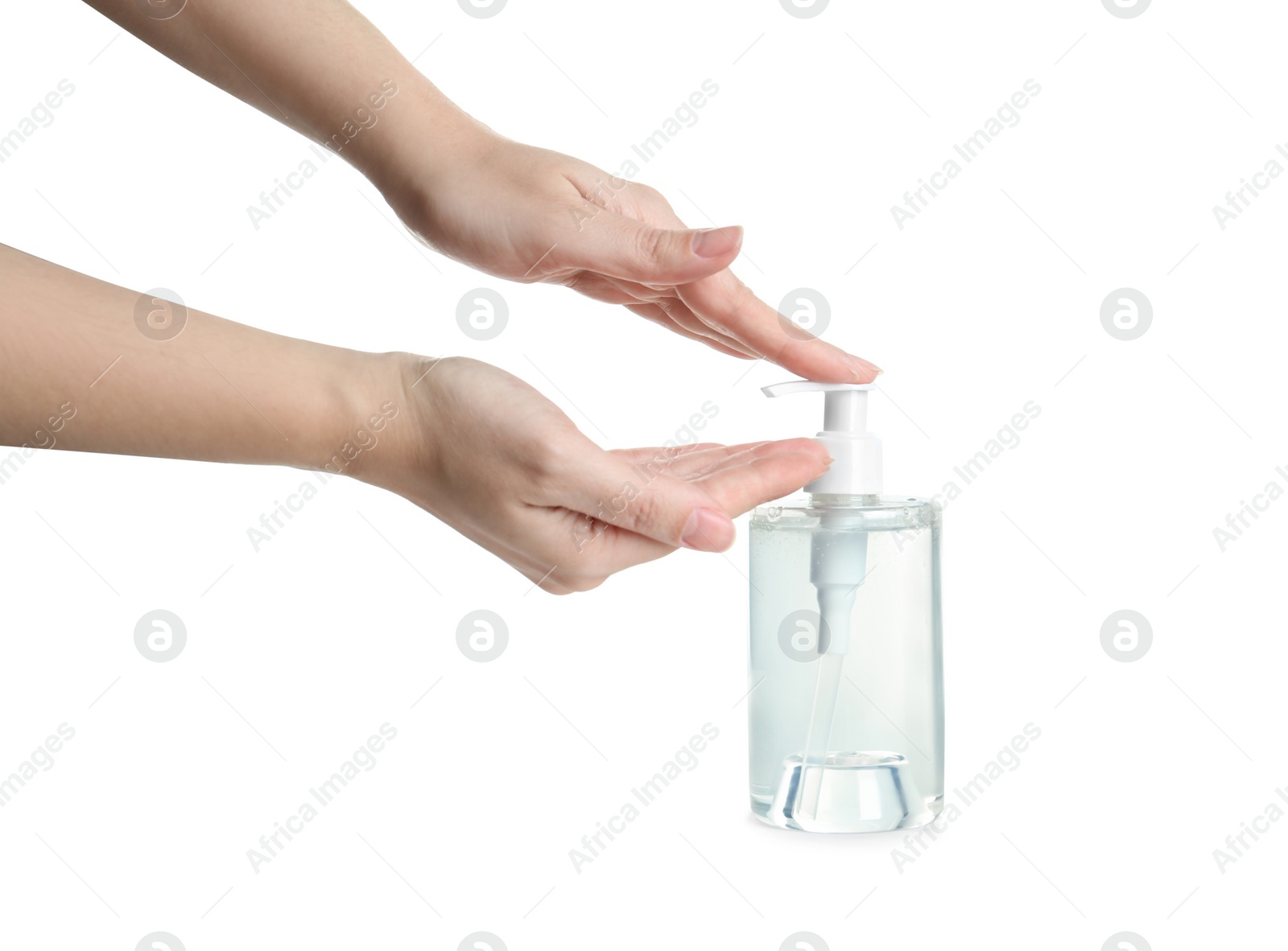 Photo of Woman applying antiseptic gel on hand against white background, closeup