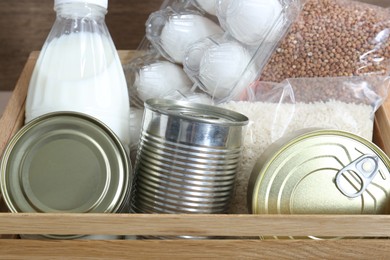 Donation box with different food products, closeup