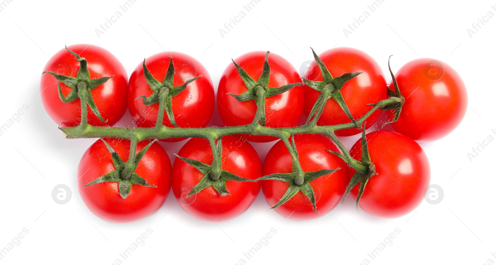 Photo of Branch of fresh cherry tomatoes isolated on white