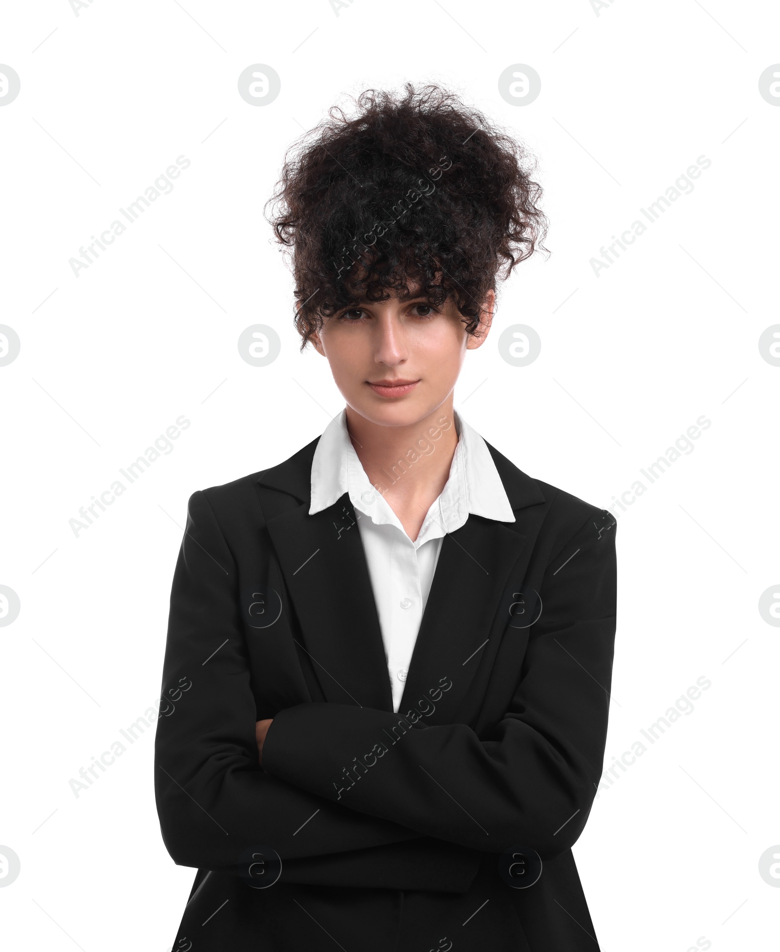 Photo of Beautiful young businesswoman in suit on white background