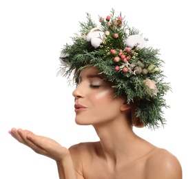 Photo of Young woman wearing wreath on white background