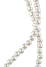 Photo of Elegant pearl necklace isolated on white, top view