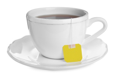 Ceramic cup with teabag isolated on white