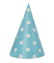 Photo of Bright party hat isolated on white. Festive accessory