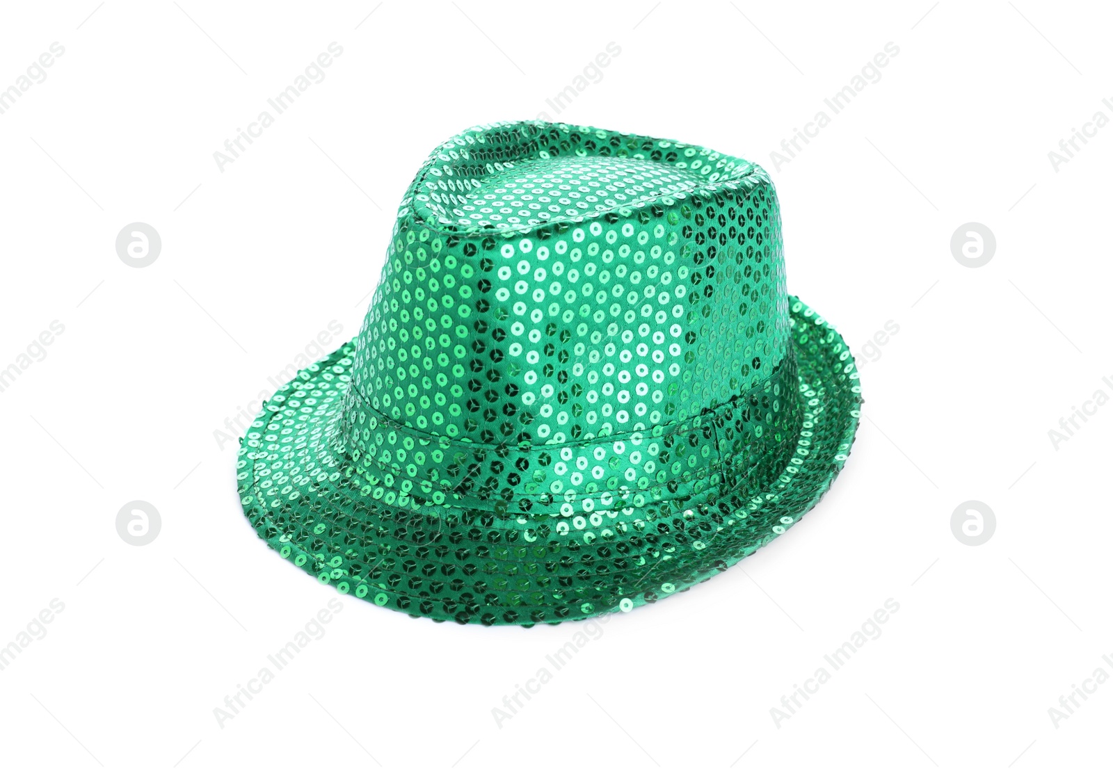 Photo of Green leprechaun hat isolated on white. St. Patrick's Day celebration