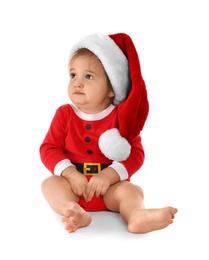 Photo of Cute little baby wearing festive Christmas costume on white background