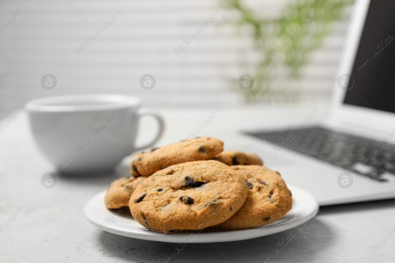 Photo of Chocolate chip cookies on light gray table in office, closeup. Space for text