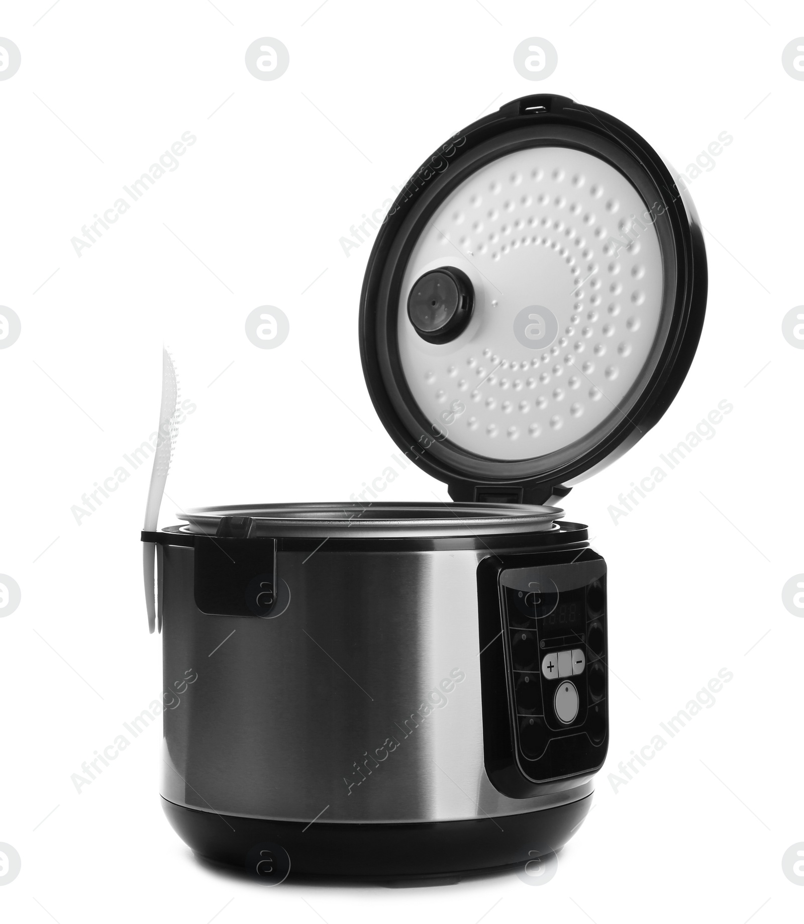 Photo of New modern multi cooker with rice spoon on white background