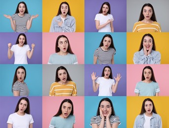 Image of Collage with photos of surprised woman on different color backgrounds