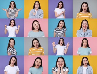 Collage with photos of surprised woman on different color backgrounds