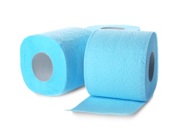 Photo of Rolls of toilet paper on white background. Personal hygiene