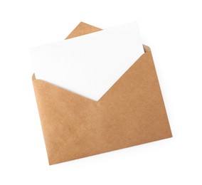 Photo of Brown envelope with blank letter on white background, top view