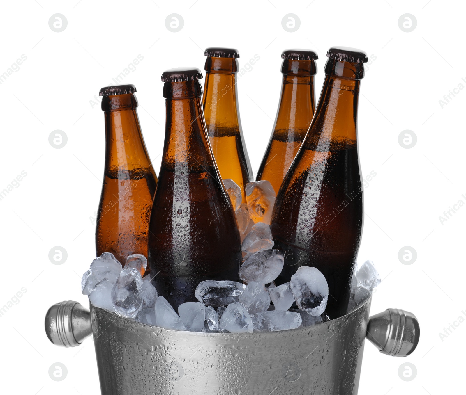 Photo of Metal bucket with beer and ice cubes isolated on white