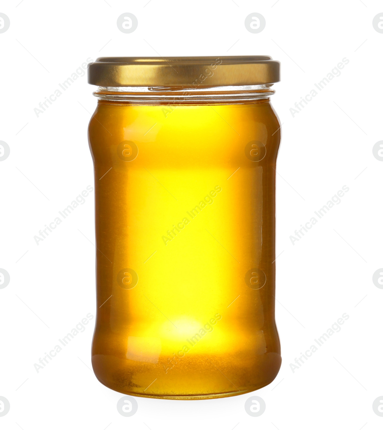 Photo of Jar with organic honey isolated on white