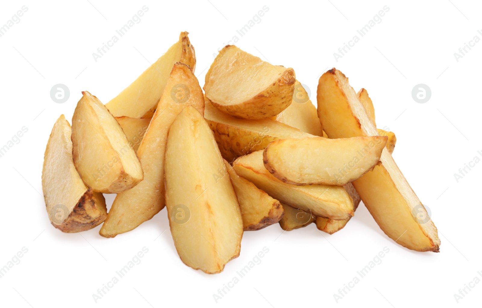 Photo of Tasty baked potato wedges on white background