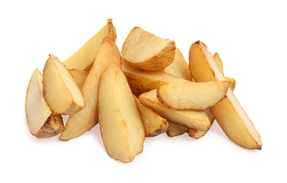 Photo of Tasty baked potato wedges on white background