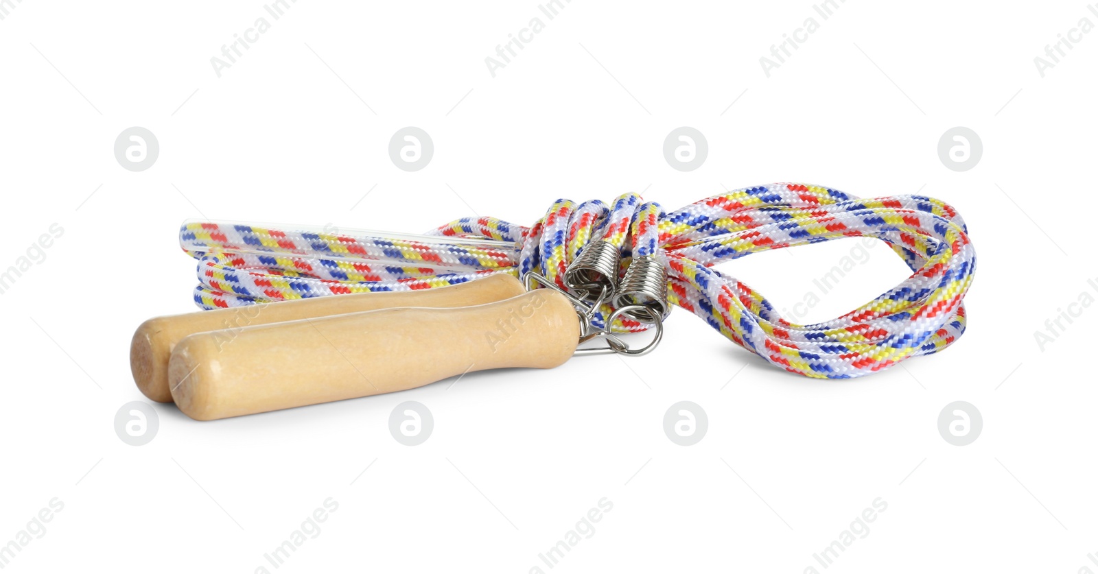 Photo of Colorful skipping rope with wooden handles isolated on white