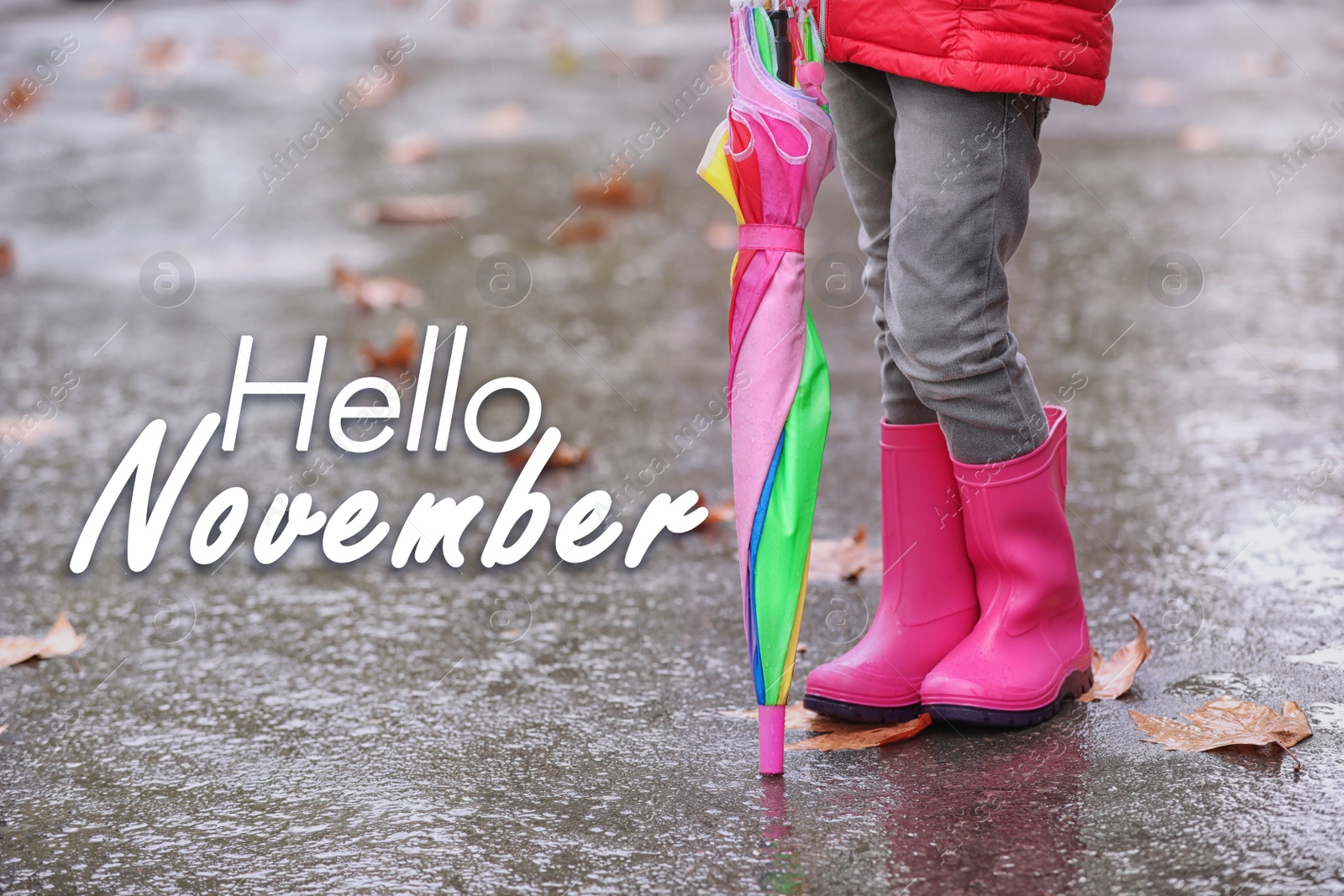 Image of Hello November card. Little girl with bright umbrella after rain, closeup