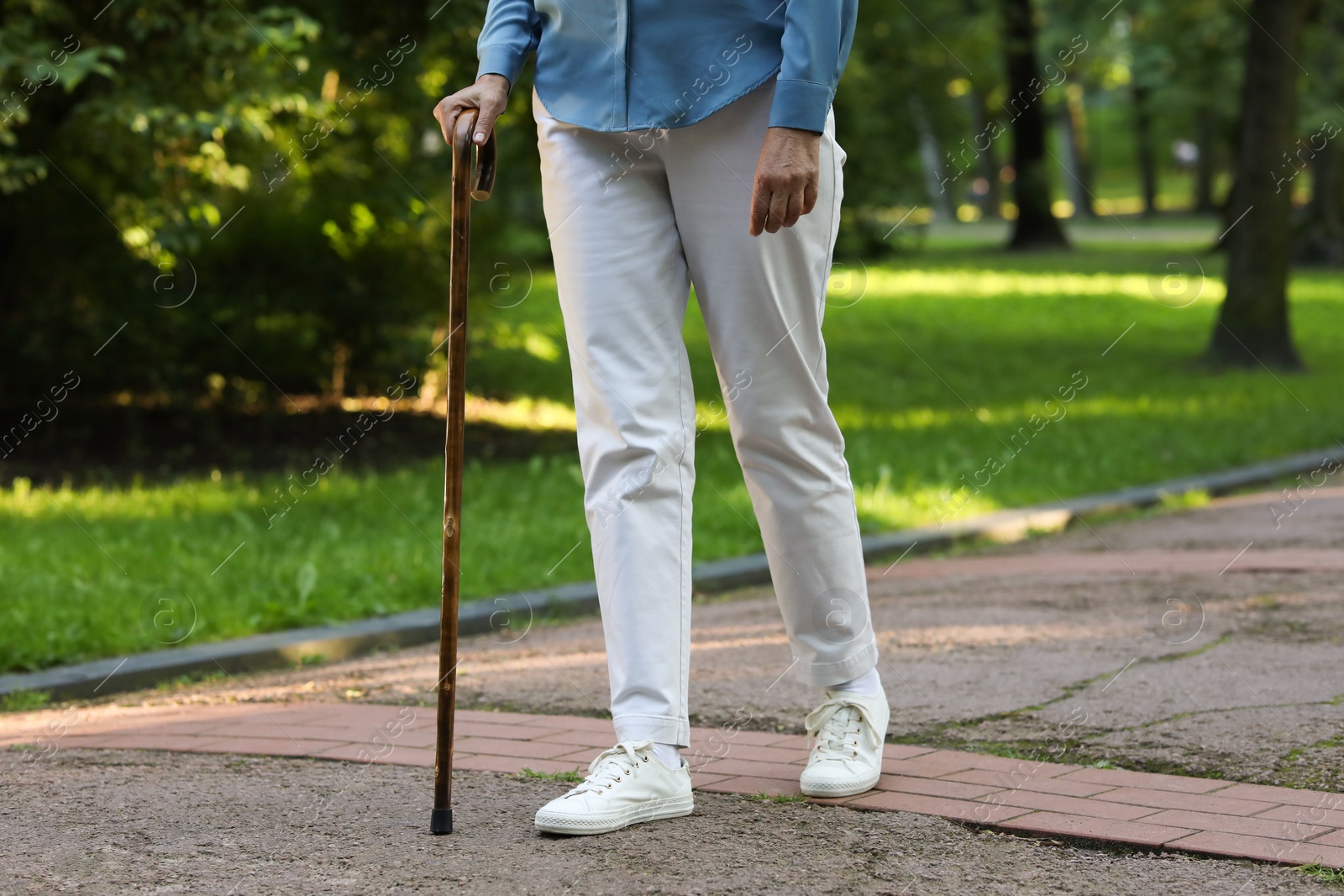 Photo of Senior woman with walking cane in park, closeup