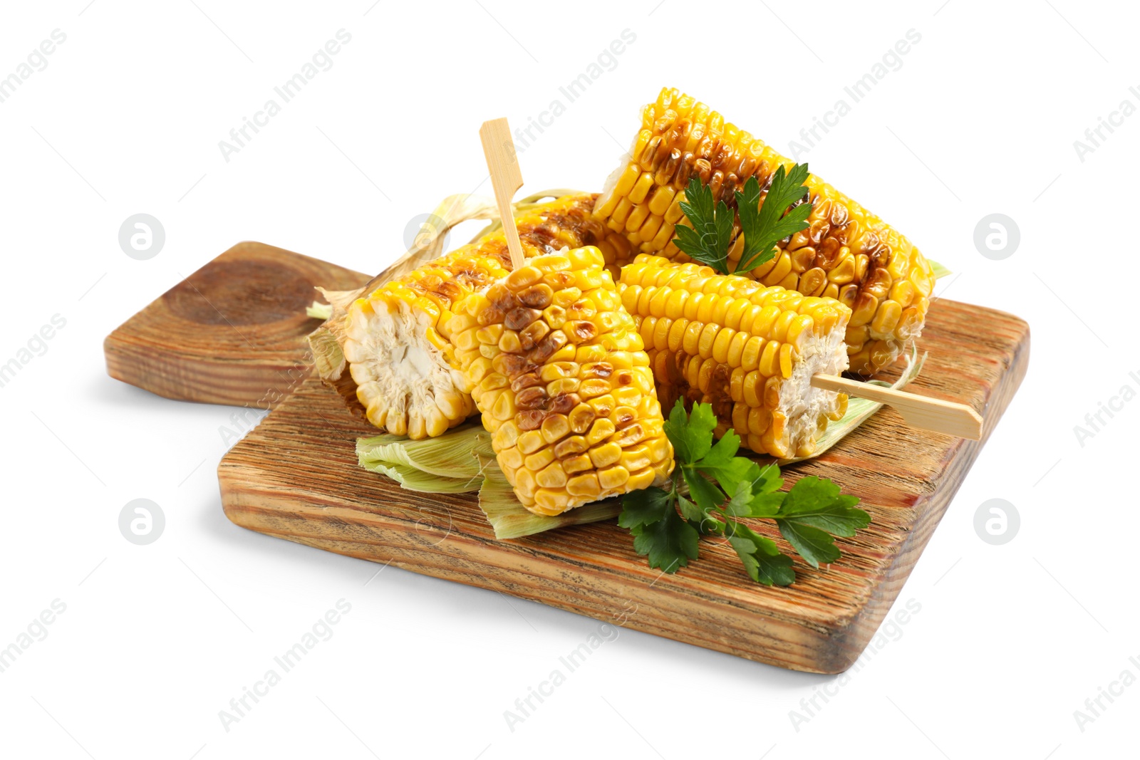 Photo of Tasty grilled corn cobs with parsley on white background