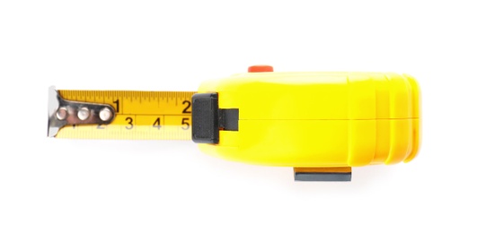 Tape measure on white background, top view. Electrician's tool