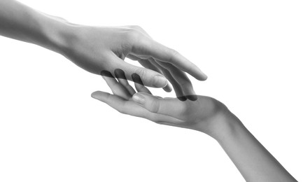 Double exposure of people's hands on white background, closeup. Black and white effect