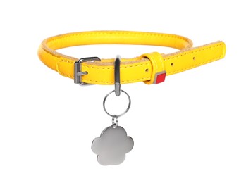 Yellow leather dog collar with tag isolated on white