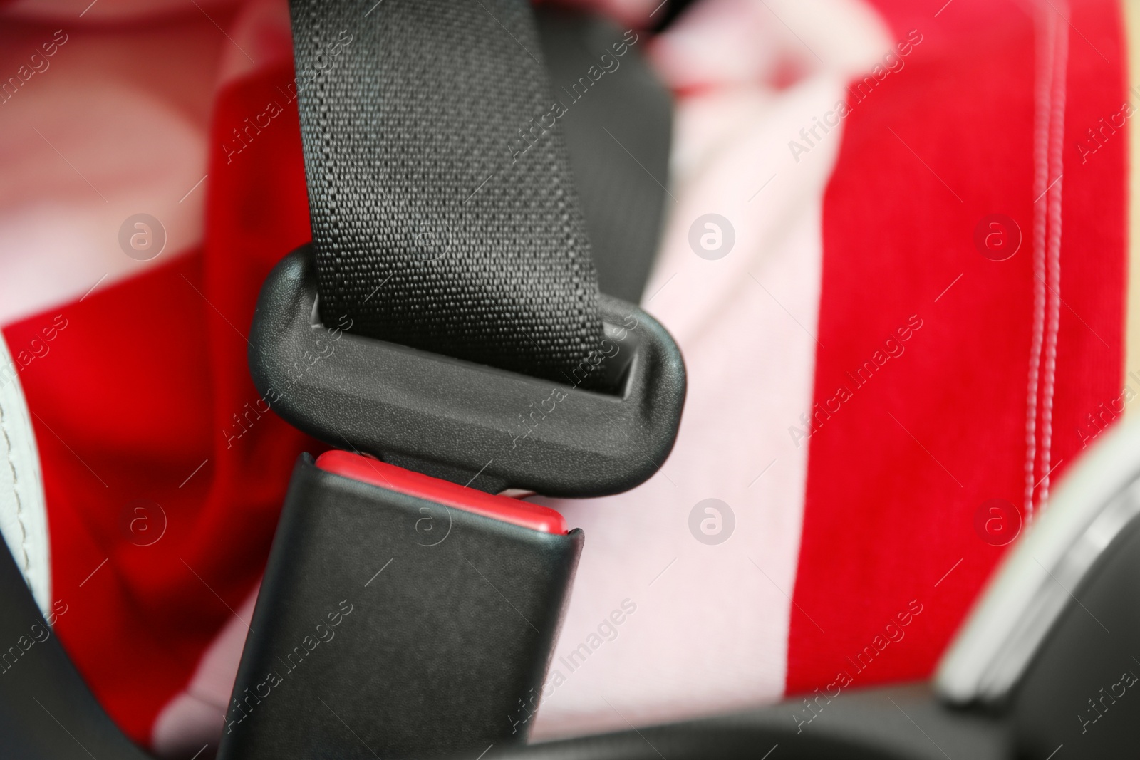 Photo of Driver with fastened safety belt in car, closeup