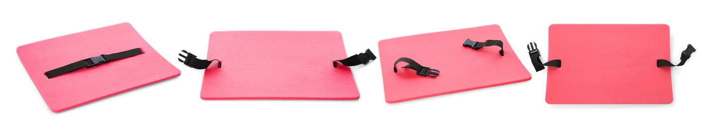 Image of Set with pink foam tourist seat mats on white background. Banner design