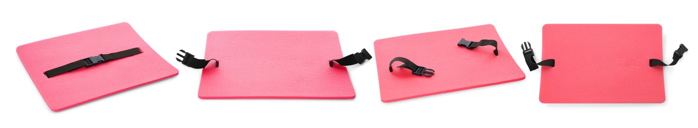 Set with pink foam tourist seat mats on white background. Banner design