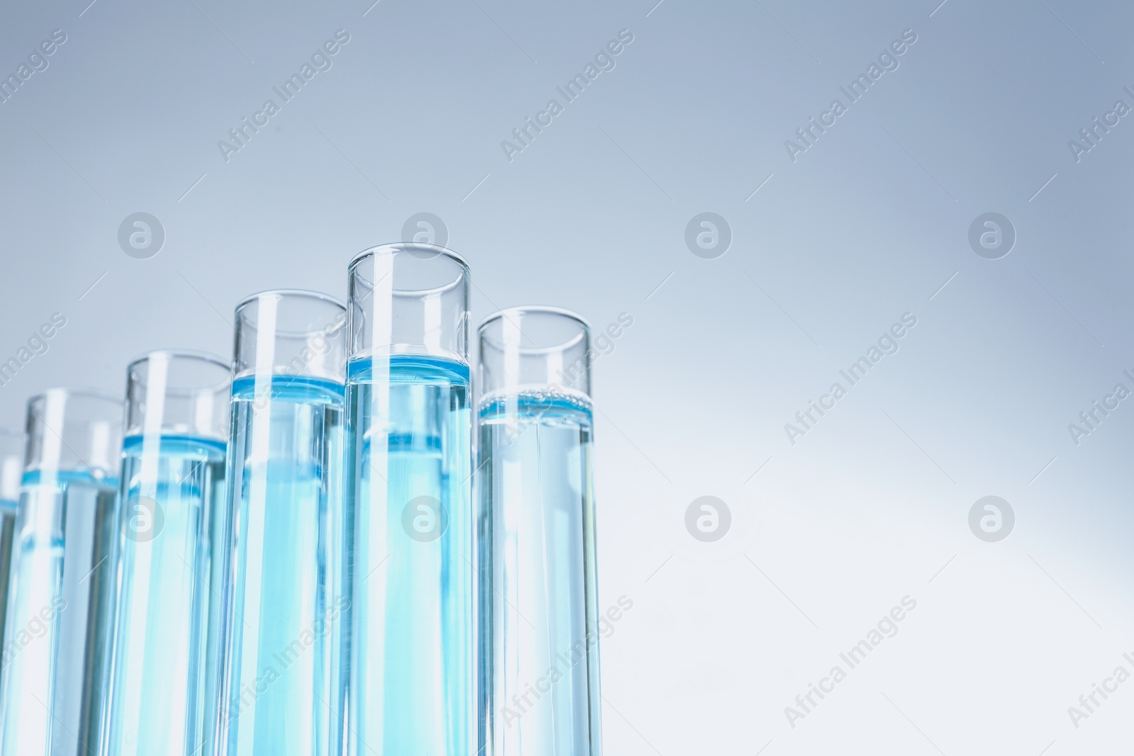 Photo of Test tubes with liquid on light background, closeup with space for text