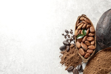 Cocoa pods, beans and powder on light table, flat lay. Space for text