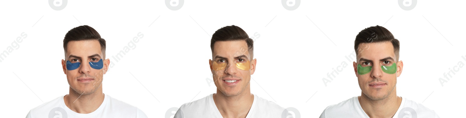 Image of Collage of handsome man with cosmetic under eye patches on white background. Banner design