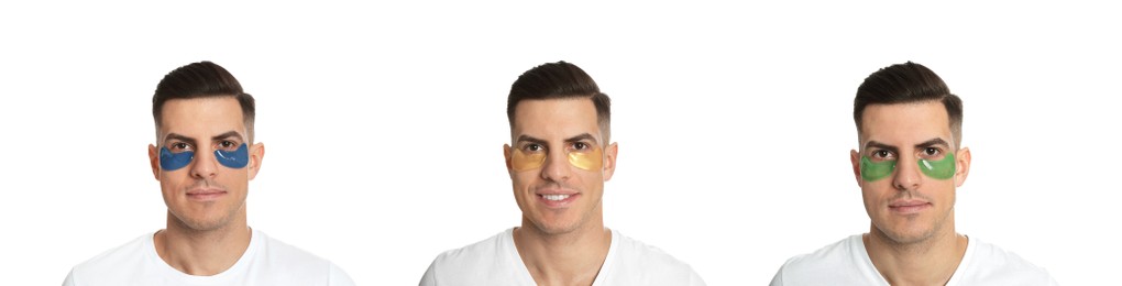 Collage of handsome man with cosmetic under eye patches on white background. Banner design