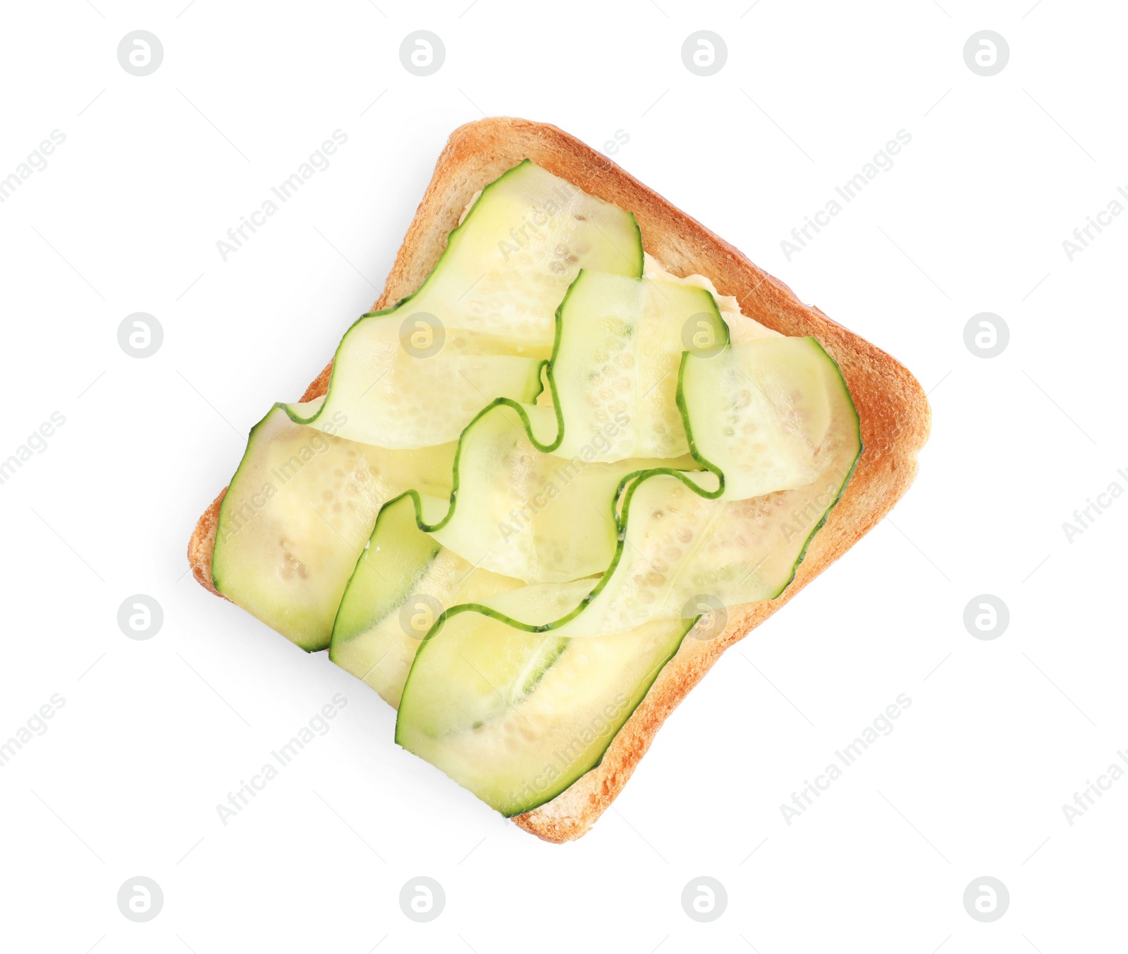 Photo of Delicious toast with cream cheese and cucumber isolated on white, top view