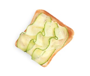 Delicious toast with cream cheese and cucumber isolated on white, top view