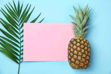 Photo of Fresh pineapple on color background, flat lay