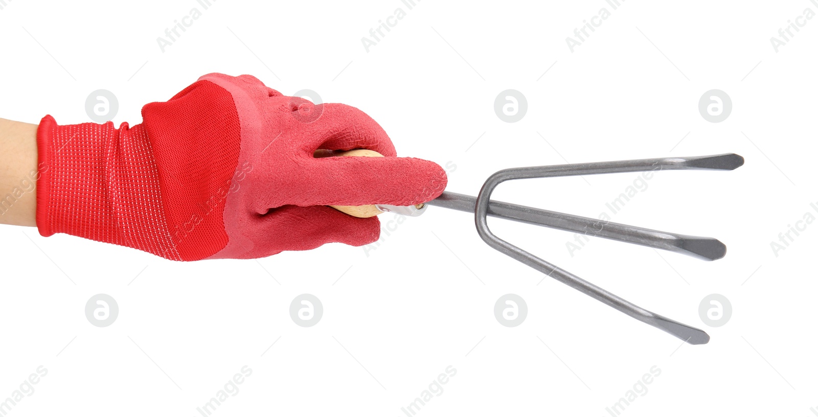 Photo of Woman in gardening glove holding rake on white background, closeup