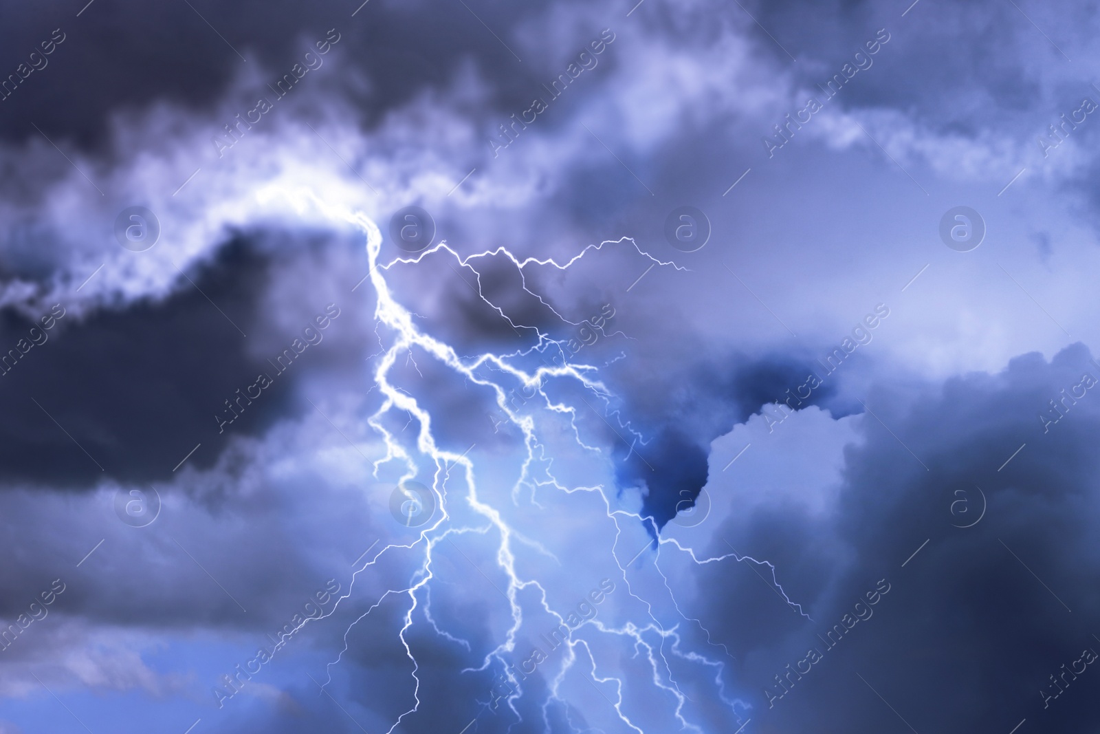 Image of Lightning in dark cloudy sky during thunderstorm