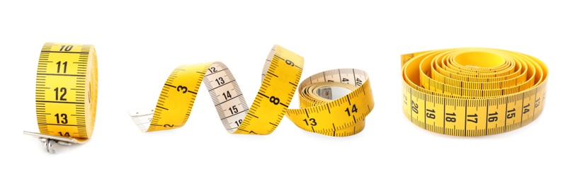 Image of Set of yellow measuring tapes on white background. Banner design